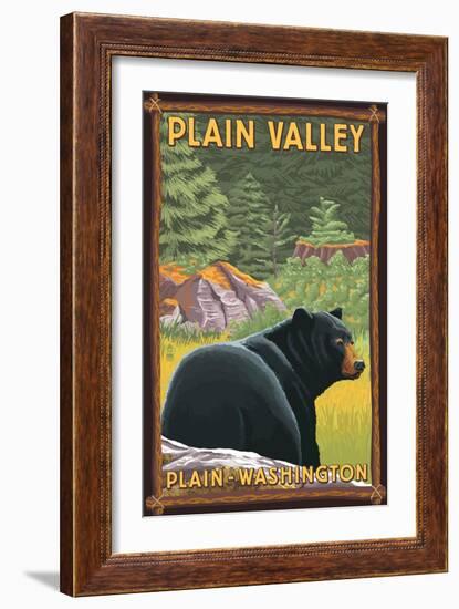 Plain, Washington - Black Bear in Forest-Lantern Press-Framed Art Print