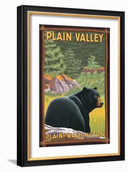 Plain, Washington - Black Bear in Forest-Lantern Press-Framed Art Print