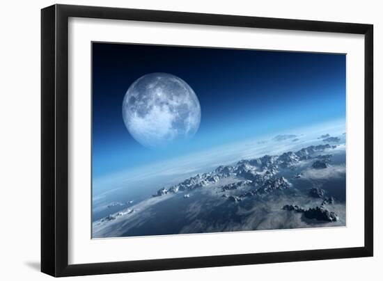 Planet Earth Icy Ocean and Rocky Islands with Moon Seen from Space (Texture Moonmap for 3D Art From-Johan Swanepoel-Framed Art Print