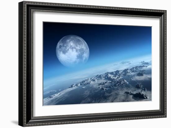 Planet Earth Icy Ocean and Rocky Islands with Moon Seen from Space (Texture Moonmap for 3D Art From-Johan Swanepoel-Framed Art Print