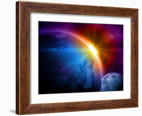 Planet Earth With Sunrise In Space-alanuster-Framed Art Print