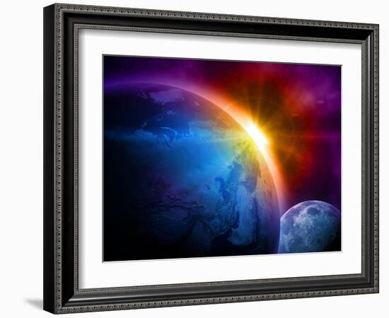 Planet Earth With Sunrise In Space-alanuster-Framed Art Print