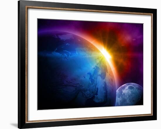 Planet Earth With Sunrise In Space-alanuster-Framed Art Print