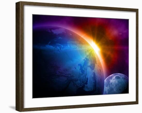 Planet Earth With Sunrise In Space-alanuster-Framed Art Print