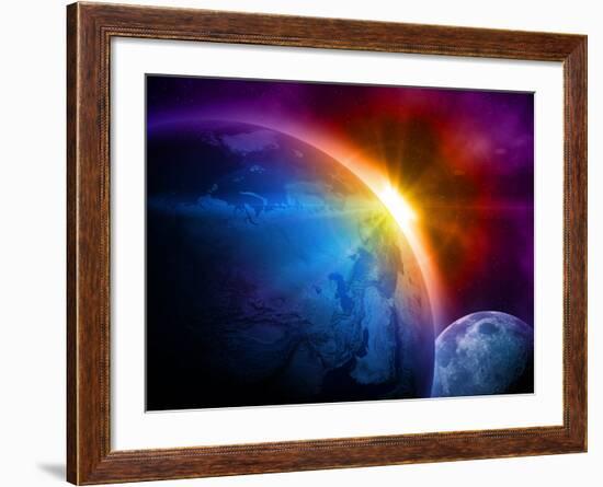 Planet Earth With Sunrise In Space-alanuster-Framed Art Print