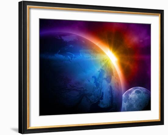 Planet Earth With Sunrise In Space-alanuster-Framed Art Print