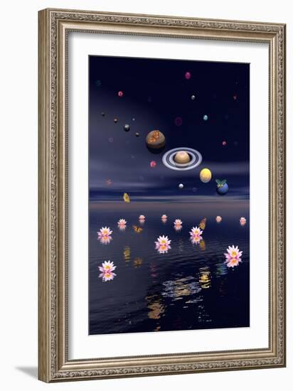 Planets of the Solar System Surrounded by Lotus Flowers and Butterflies-null-Framed Premium Giclee Print