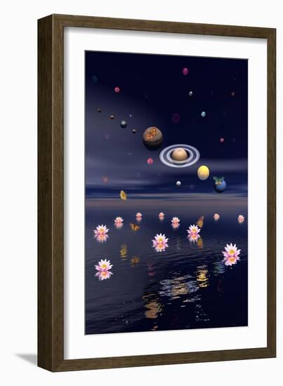 Planets of the Solar System Surrounded by Lotus Flowers and Butterflies-null-Framed Premium Giclee Print