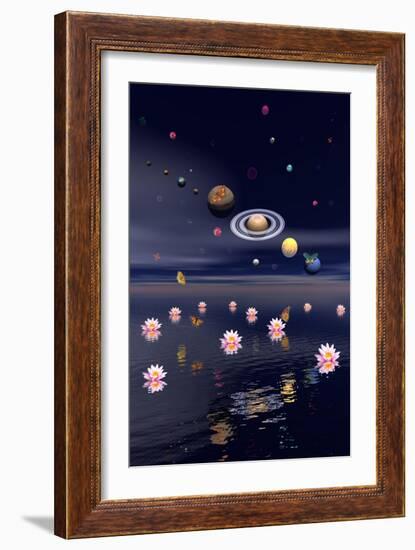 Planets of the Solar System Surrounded by Lotus Flowers and Butterflies-null-Framed Premium Giclee Print