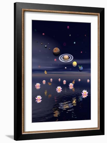 Planets of the Solar System Surrounded by Lotus Flowers and Butterflies-null-Framed Premium Giclee Print