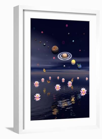 Planets of the Solar System Surrounded by Lotus Flowers and Butterflies-null-Framed Premium Giclee Print