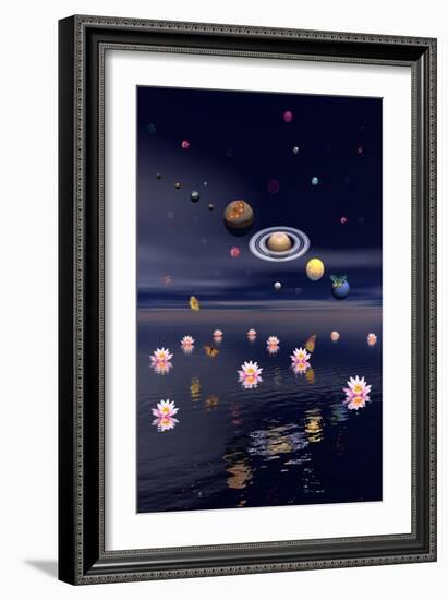 Planets of the Solar System Surrounded by Lotus Flowers and Butterflies-null-Framed Premium Giclee Print