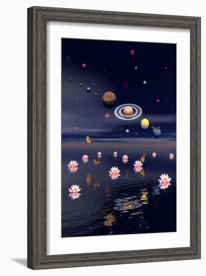 Planets of the Solar System Surrounded by Lotus Flowers and Butterflies-null-Framed Art Print