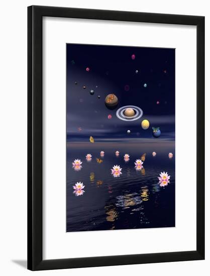 Planets of the Solar System Surrounded by Lotus Flowers and Butterflies-null-Framed Art Print