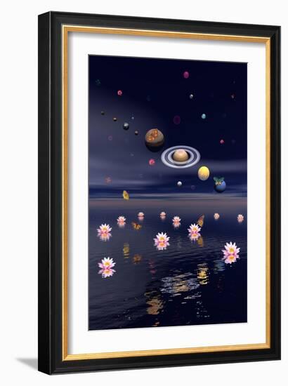 Planets of the Solar System Surrounded by Lotus Flowers and Butterflies-null-Framed Art Print