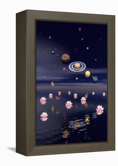 Planets of the Solar System Surrounded by Lotus Flowers and Butterflies-null-Framed Stretched Canvas