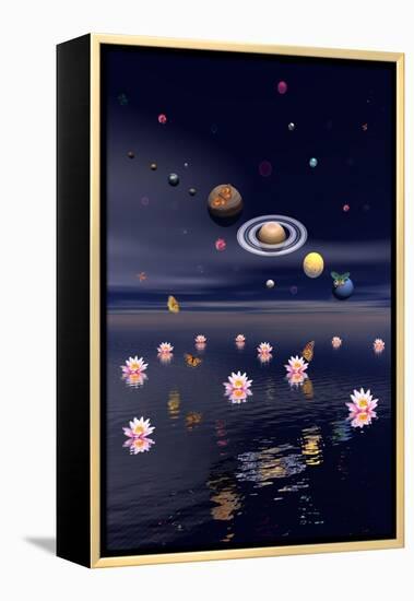 Planets of the Solar System Surrounded by Lotus Flowers and Butterflies-null-Framed Stretched Canvas