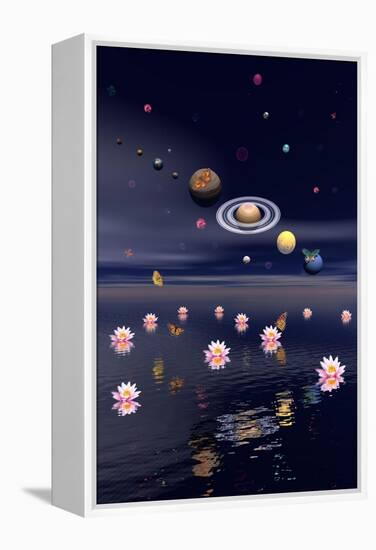 Planets of the Solar System Surrounded by Lotus Flowers and Butterflies-null-Framed Stretched Canvas