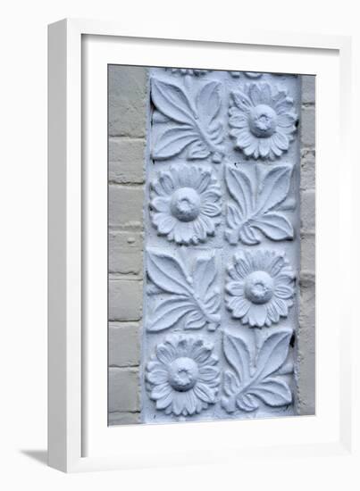 Plaster Detail of Flowers and Plants, on the Brick Wall of a House-Natalie Tepper-Framed Photo