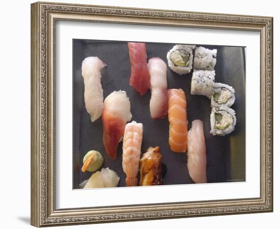 Plate of Sushi Covered with Raw Fish and Stuffed, Japan-Aaron McCoy-Framed Photographic Print