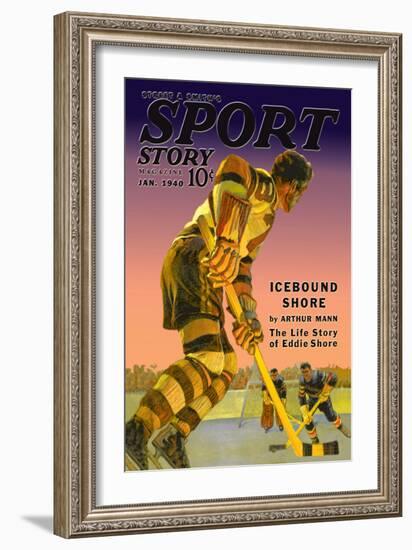 Player Approaches Defenseman and Goalie, c.1940-null-Framed Art Print