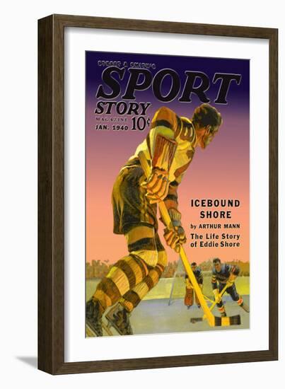 Player Approaches Defenseman and Goalie, c.1940-null-Framed Art Print