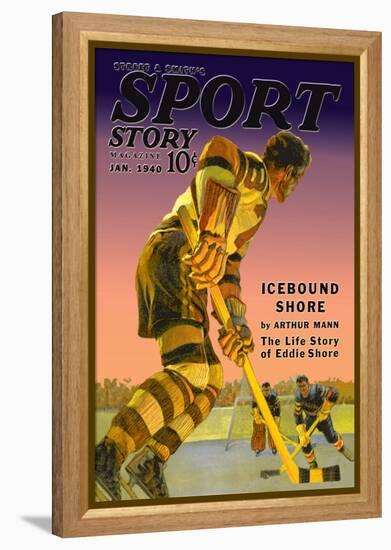 Player Approaches Defenseman and Goalie, c.1940-null-Framed Stretched Canvas