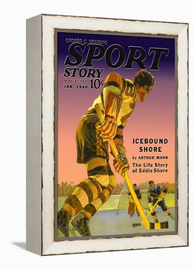 Player Approaches Defenseman and Goalie, c.1940-null-Framed Stretched Canvas