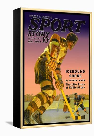 Player Approaches Defenseman and Goalie, c.1940-null-Framed Stretched Canvas
