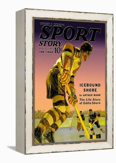 Player Approaches Defenseman and Goalie, c.1940-null-Framed Stretched Canvas