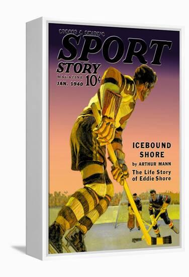 Player Approaches Defenseman and Goalie, c.1940-null-Framed Stretched Canvas