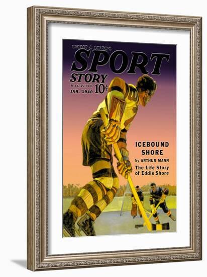 Player Approaches Defenseman and Goalie, c.1940-null-Framed Art Print