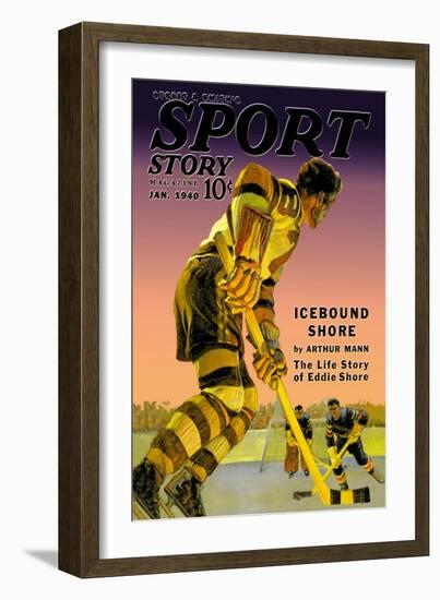 Player Approaches Defenseman and Goalie, c.1940-null-Framed Art Print