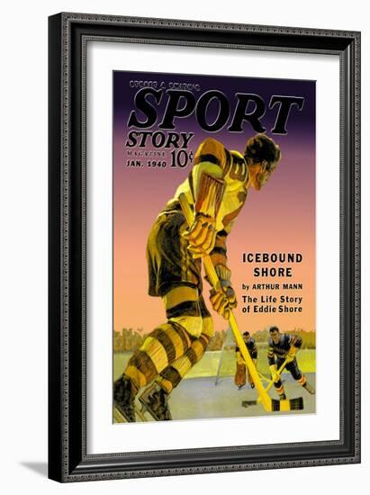 Player Approaches Defenseman and Goalie, c.1940-null-Framed Art Print