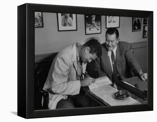 Player Ted Williams Signing Contract with Red Sox Manager, Thomas A. Yawkey-Ralph Morse-Framed Premier Image Canvas