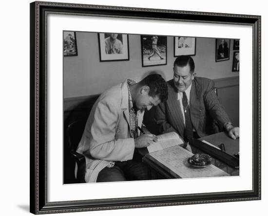 Player Ted Williams Signing Contract with Red Sox Manager, Thomas A. Yawkey-Ralph Morse-Framed Premium Photographic Print