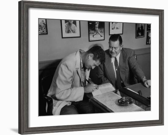 Player Ted Williams Signing Contract with Red Sox Manager, Thomas A. Yawkey-Ralph Morse-Framed Premium Photographic Print