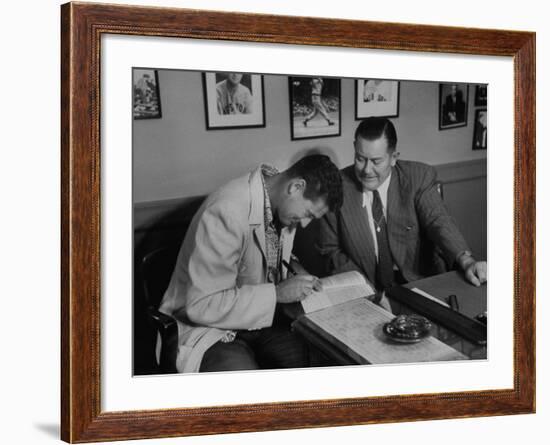 Player Ted Williams Signing Contract with Red Sox Manager, Thomas A. Yawkey-Ralph Morse-Framed Premium Photographic Print