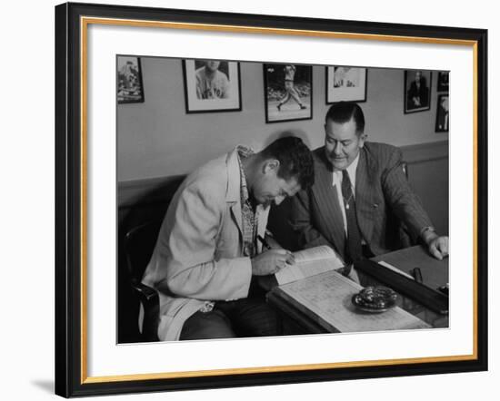 Player Ted Williams Signing Contract with Red Sox Manager, Thomas A. Yawkey-Ralph Morse-Framed Premium Photographic Print