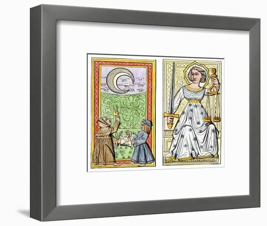 Playing Cards of Moon (Left) and Justice (Right) From the Court of Charles VI, France, Circa 1400-null-Framed Giclee Print