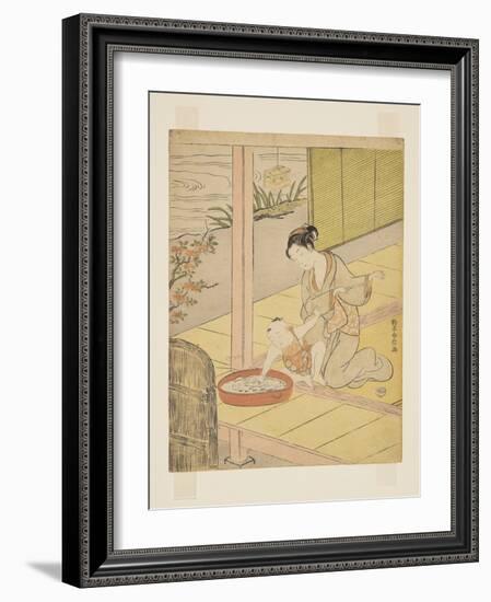 Playing with Minnows (Colour Woodblock Print)-Suzuki Harunobu-Framed Giclee Print