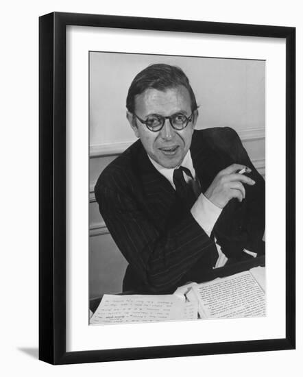 Playwright Jean Paul Sartre at His Home in Paris-Gjon Mili-Framed Premium Photographic Print