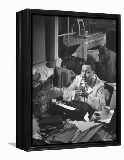Playwright Tennessee Williams, Working on a New Play, with Success of "A Streetcar Named Desire"-W^ Eugene Smith-Framed Premier Image Canvas