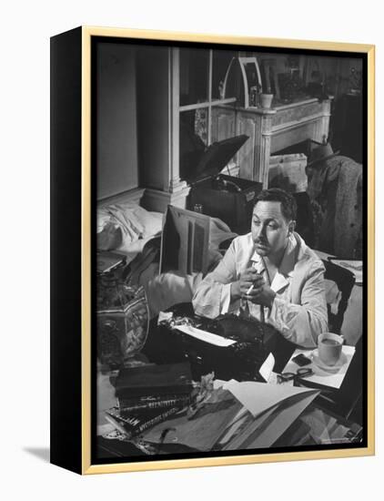 Playwright Tennessee Williams, Working on a New Play, with Success of "A Streetcar Named Desire"-W^ Eugene Smith-Framed Premier Image Canvas