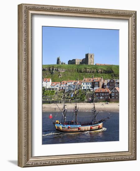 Pleasure Ship Below Whitby Abbey and St. Marys Church, Whitby, North Yorkshire, Yorkshire, England-Mark Sunderland-Framed Photographic Print