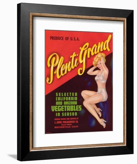 Plenti Grand Vegetable Label - Watsonville, CA-Lantern Press-Framed Art Print