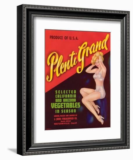 Plenti Grand Vegetable Label - Watsonville, CA-Lantern Press-Framed Art Print