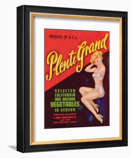 Plenti Grand Vegetable Label - Watsonville, CA-Lantern Press-Framed Art Print