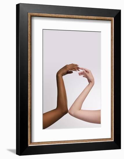 Plexus of Female Hands. Graceful Female Hands Touch Each Other Isolated on Grey Studio Background.-master1305-Framed Photographic Print