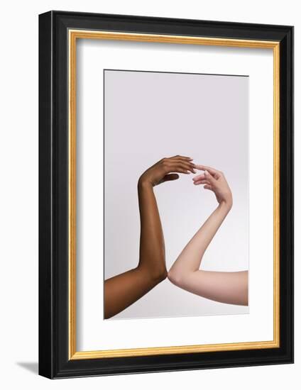 Plexus of Female Hands. Graceful Female Hands Touch Each Other Isolated on Grey Studio Background.-master1305-Framed Photographic Print